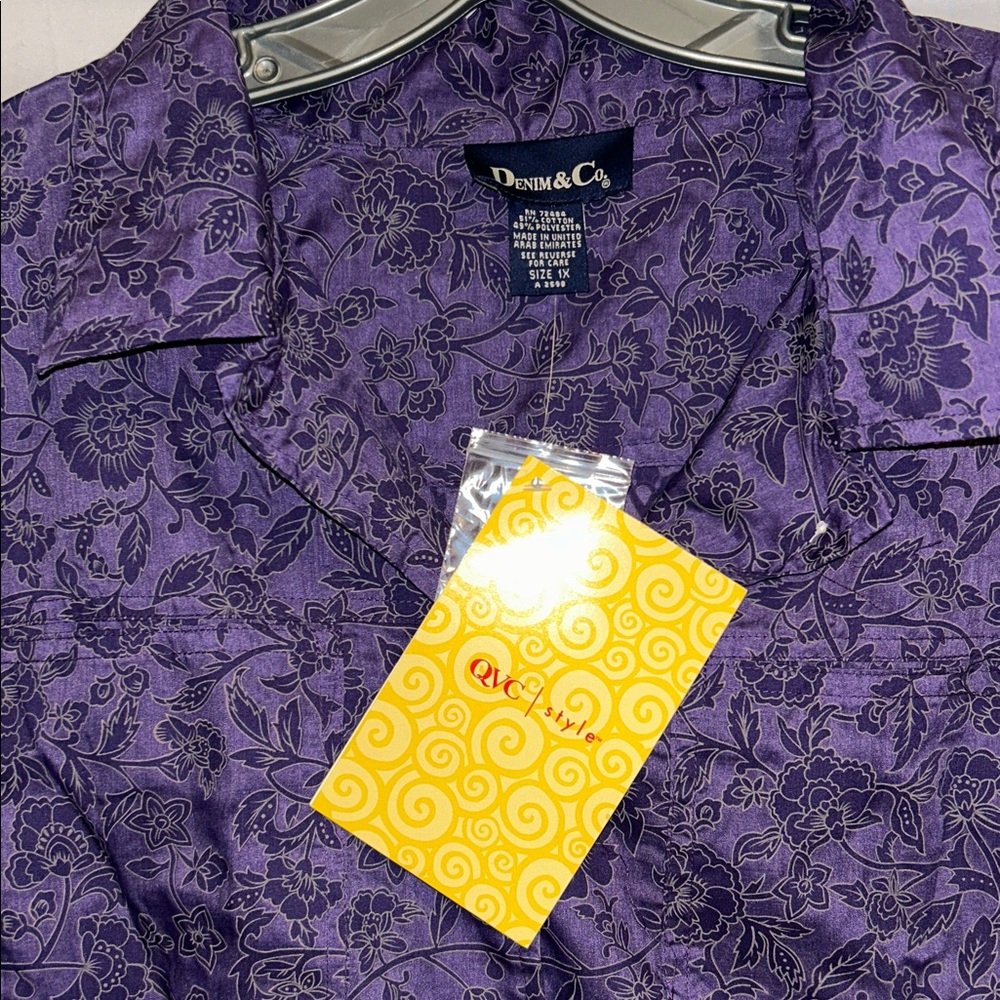 Denim & Co. 1X Floral Print Button Down Collared Blouse Cotton Polyester New - Picture 6 of 16